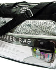 Diaper bag with black strap and elephant pattern on a white background