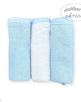 Three folded baby blankets in light blue and white on a white background with 'Mother's Choice' branding.