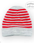 Striped beanie with red and gray stripes on a white background, branded 'Mother's Choice'.