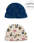 Two baby hats with animal patterns on a white background, branded 'mother's choice'.