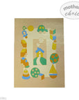 Wooden toy block set with colorful shapes on a beige background, branded 'Mother's Choice'.