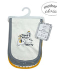 Baby burp cloth with cartoon animals and text on a hanger, branded 'Mother's Choice'.