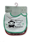 Baby bib with 'Mummy's Hungry Little Monster' text and cartoon character, on a white background.