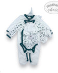 Baby outfit set with white and green patterns on a white background, featuring 'Mother's Choice' branding.