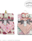 Two plush blankets with animal-shaped ends, one unicorn and one fox, on a white background.