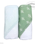 Two baby blankets, one light blue and one green with white leaf patterns, on a white background.