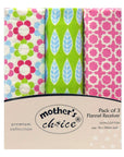 Pack of 3 flannel receiver fabrics with colorful patterns on a 'Mother's Choice' branded package.