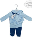 Baby blue outfit with matching hat and pants on a hanger, branded 'Mother's Choice'.