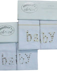 Two baby blue pillowcases with 'baby' embroidery and packaging labeled 'mother's choice' on a white background.