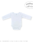 White baby bodysuit with long sleeves on a white background, featuring 'Mother's Choice' branding.
