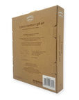 Brown cardboard box packaging for a 3-piece newborn gift set on a white background