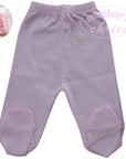 Purple baby pants with footies on a white background, featuring 'Mother's Choice' branding.