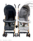 Two baby strollers, one black and one gray, on a white background with 'Mother's Choice' branding.