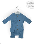 Blue baby romper with buttons on a hanger against a white background, featuring 'mother's choice' branding.