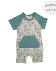Baby romper with bear pattern and teal sleeves and legs on a white background, featuring 'mother's choice' branding.