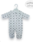 Baby onesie with animal pattern on a hanger against a white background, featuring 'mother's choice' branding.
