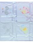 Set of baby blankets with embroidered animals on a white background