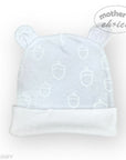 White baby hat with bear ears and acorn pattern on a white background, branded 'Mother's Choice'.