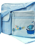 Blue baby diaper bag with elephant design and 'I love shower' text on a white background
