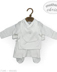White baby outfit set on a hanger with 'Mother's Choice' branding.