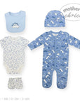 Collection of baby clothing items including a onesie, romper, bib, and hat on a white background with 'Mother's Choice' branding.