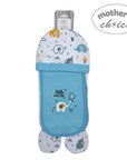 Baby swaddle with cartoon animals and 'Hello Little One' text, branded 'Mother's Choice'.