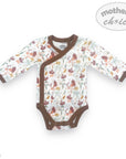 Baby onesie with floral pattern and brown accents on a white background, featuring 'Mother's Choice' branding.