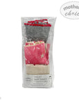 Pack of 3 baby tights in gray, pink, and beige with red accents, branded 'Mother's Choice'.