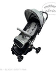 Black and gray stroller with 'Mother's Choice' branding on a white background