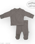 Brown baby outfit with a wrap-style top and matching pants on a white background, branded 'Mother's Choice'.