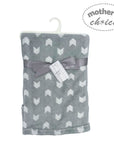 Gray baby blanket with white chevron pattern and a bow, branded 'Mother's Choice', on a white background.