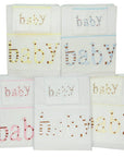 Set of white baby blankets with embroidered 'baby' text in various colors.
