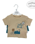 Beige t-shirt with 'hello bear' design on a hanger with 'mother's choice' label.