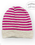 Striped knit beanie with pink and white stripes on a light gray background, featuring 'mother's choice' branding.