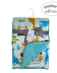 Baby blanket with animal pattern and 'Mother's Choice' label on a white background