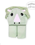 Green rhino-shaped hooded towel with cartoon face on a white background, branded 'Mother's Choice'.