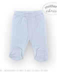 Light blue baby pants with footies on a white background, branded 'Mother's Choice'.