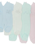 Four baby onesies in blue, white, green, and pink on a white background