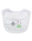 White baby bib with embroidered butterfly and tulip design on a white background