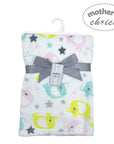 Baby blanket with animal patterns and a gray ribbon, branded 'Mother's Choice', on a white background.