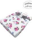Floral baby blanket with a gray bow on a white background, branded 'Mother's Choice'.