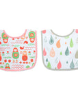 Two baby bibs with different patterns on a white background