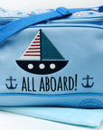 Blue bag with sailboat design and 'All Aboard!' text on a white background