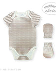 Striped baby bodysuit and mittens set with 'Mother's Choice' branding on a white background