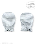 Pair of striped baby mittens on a white background with 'Mother's Choice' branding.