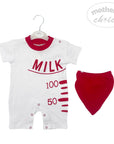 Baby romper with 'MILK' print and red bib on a white background