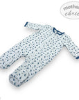 Baby onesie with blue pattern on a white background, featuring 'mother's choice' branding.