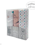 Pack of 3 flannel receiving blankets with dinosaur design in a branded box.