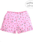 Pink children's shorts with floral pattern on a white background, featuring 'Mother's Choice' branding.