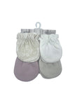Set of baby mittens in gray, white, and purple on a white background